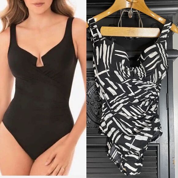 Miraclesuit Must Haves Escape One Piece Swimsuit Black White Underwire Womens 14 - Picture 1 of 8
